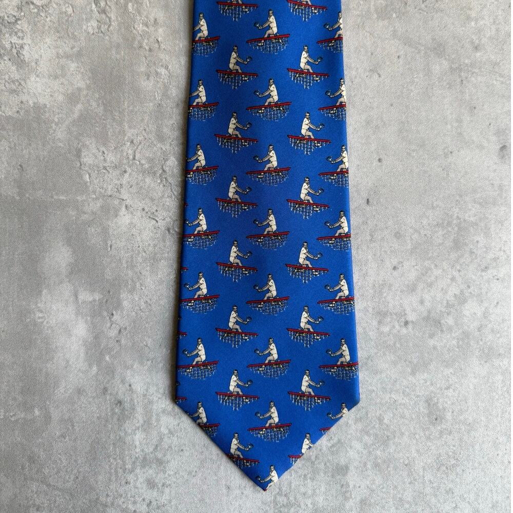 Vintage Polo Ralph Lauren Tie Silk USA Whimsical Print Tennis Players Blue White